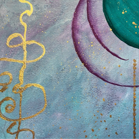 Abstract Original Watercolor Gold Leaf Filigree Green & Purple Painting, 9x12 - Picture 4 of 9
